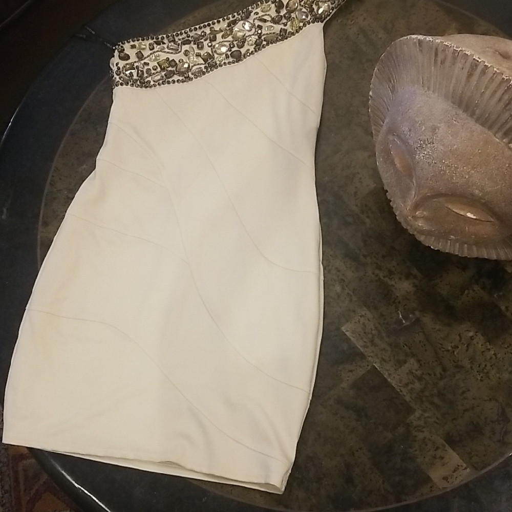 Bebe Cream One-Shoulder Dress with Gold Accents